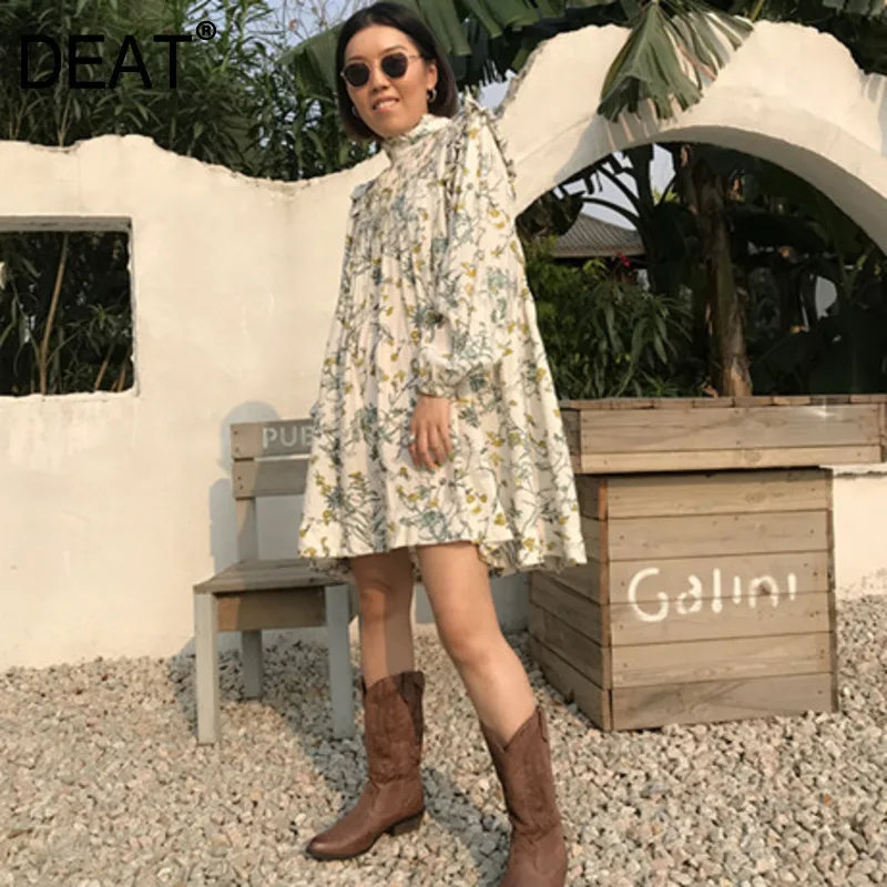 

DEAT2020 summer new fashion clothes Vintage Turtleneck High quality printing Ruffles loose dress Casual feminina dresses QJ224