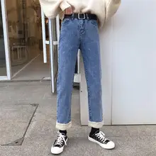 Лидер продаж женские весна-осень пят джинсы Штаны дамы ягненка лоскутное прямо ковбойские штаны S-XL