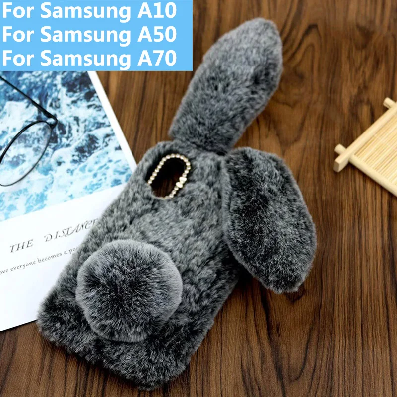 

Plush Bunny Case for Samsung Galaxy A10 A50 Soft Fur Cute 3D Rabbit Ears TPU Bling Diamond Fluffy Case Cover for Samsung A70