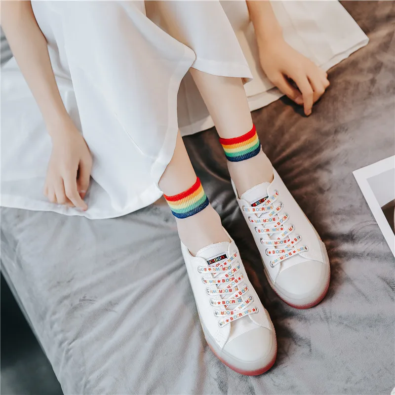 Г., корейская мода, новая Радужная парусиновая обувь на плоской подошве для женщин, милые белые кроссовки женская повседневная обувь Modis, женская обувь, zapatos mujer