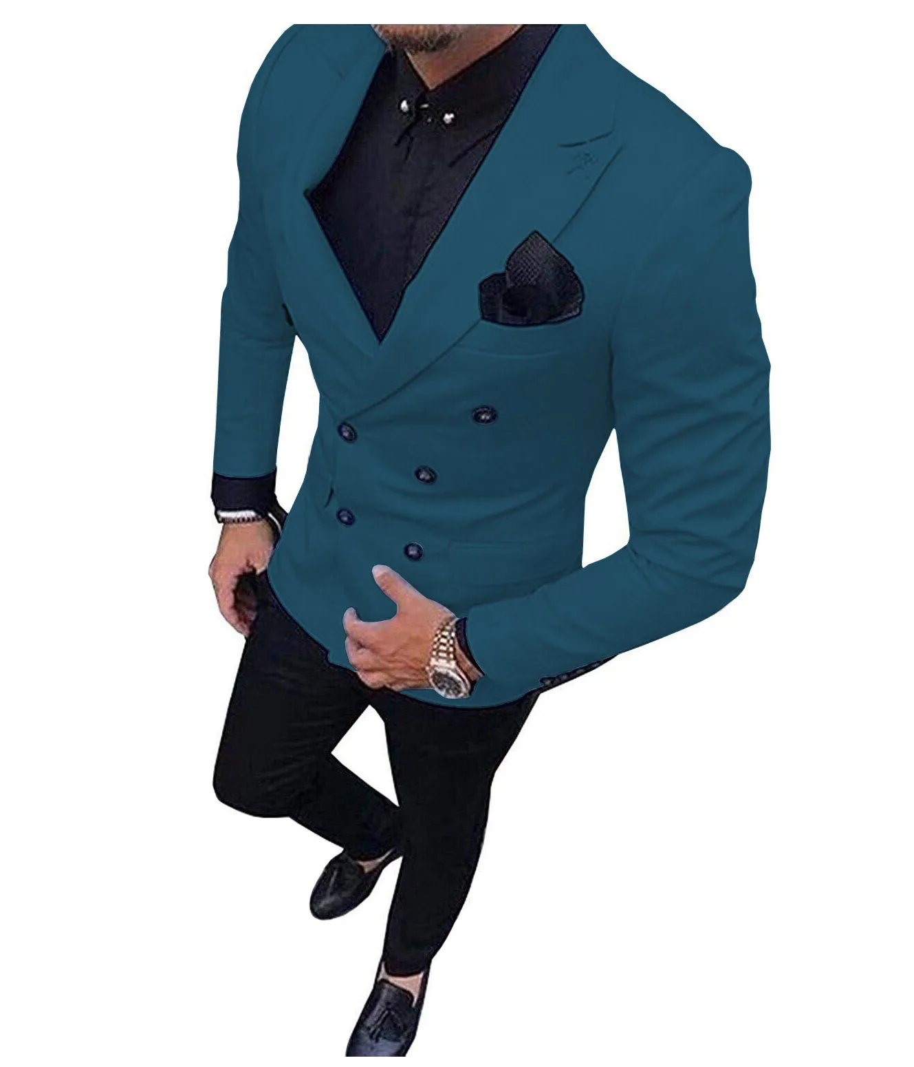 2 шт. мужские костюмы Slim Fit Бизнес двубортные костюмы жениха шерсть "твид" розового цвета в стиле смокинга для вечернее платье на свадьбу(пиджак+ брюки - Цвет: teal blue