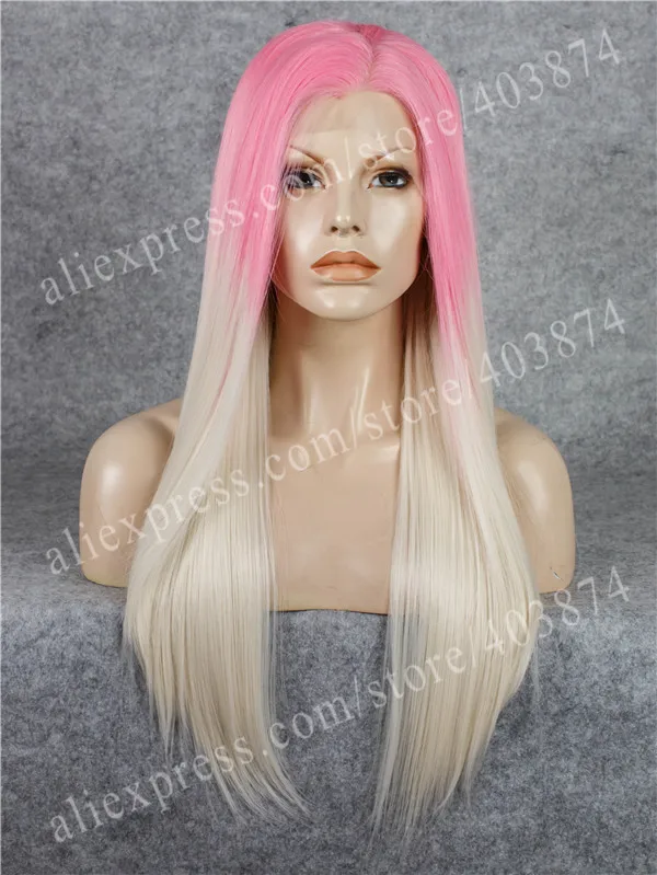 

N2-Theapplitan Drag Queen Cosplay Wigs Pink Ombre Blonde Color Heat Resistant Long Straight Texture Synthetic Lace Front Wigs