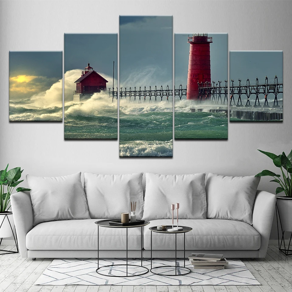 

Canvas Painting Grand Haven Lighthouse seascape 5 Pieces Wall Art Modular Wallpapers Poster Print for living room Home Decor