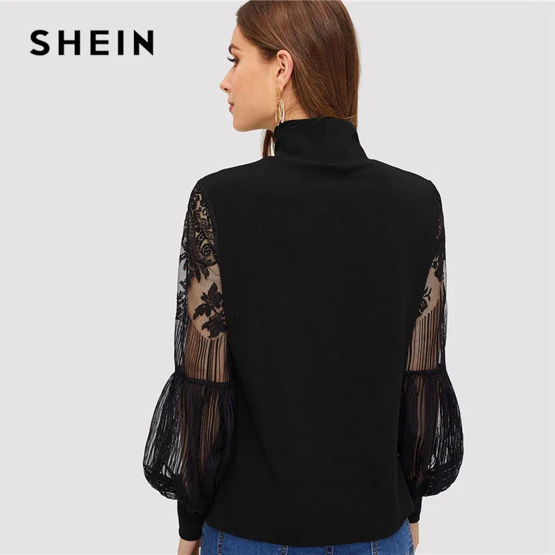 SHEIN Однотонный Топ С Прозрачными Рукавами Сексуальная Блузка Ажурными