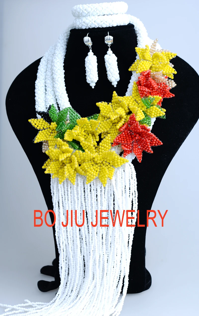 African Beads Jewelry Sets Crystal Flowers Long Tassel White Crystal