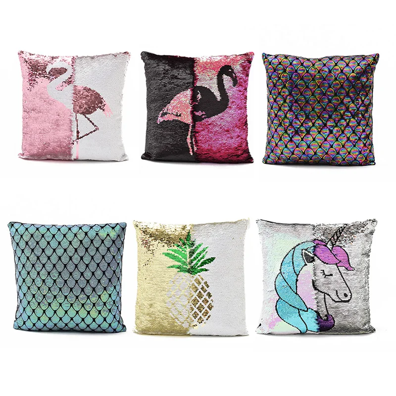 

Animal Double Side Printed Sequins Pillow Case Reversible Unicorn Pineapple Flamingo Soft Cushion Cover Throw Pillow Sofa Waist