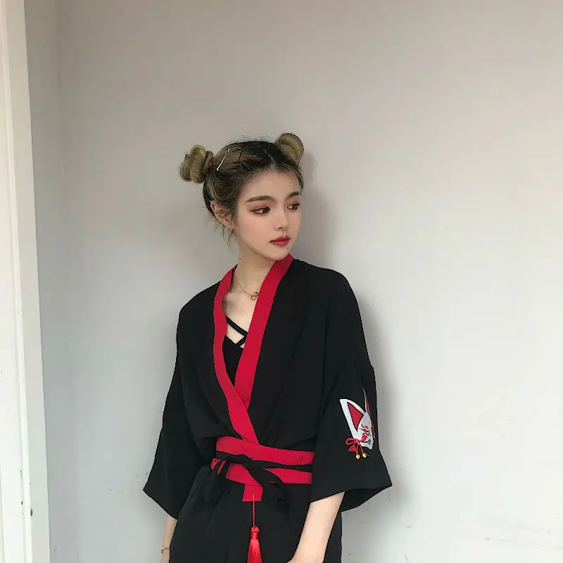 NiceMix японское кимоно для женщин Harajuku рубашки для мальчиков вышивать лиса блузки малышек Свободные Повседневное топы и блузк