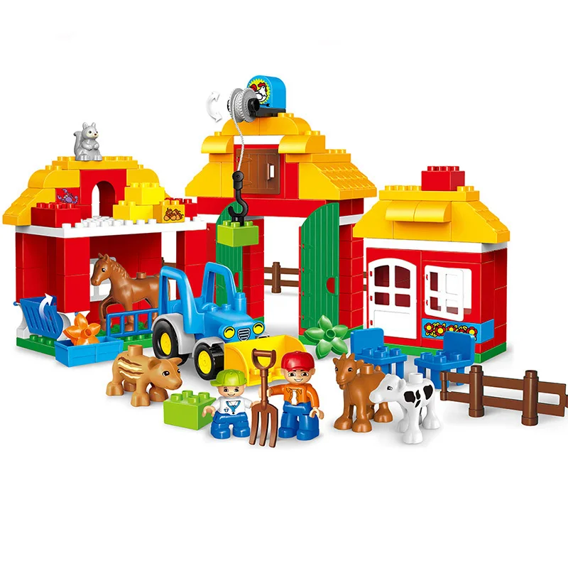 

123pcs Big Size Diy Bricks Happy Farm Zoo Animals Hobbies Building Blocks Set Compatible Legoings Duploe Toys For Children Kids