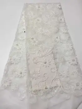 

2019 High Quality White Nigerian Tulle Lace Fabrics Latest Beaded Mesh African Lace Fabric Bride French Net Lace Fabric