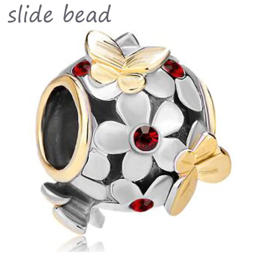 

Fit Pandora charm bracelets Silver Gold Garnet Red Flower Golden Butterfly Charm Bracelet beads for jewelry making