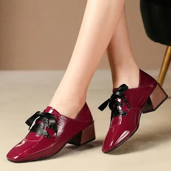 

YMECHIC Autumn 2019 New Luxury Shoes Women Designers Real Leather Square Toe Chunky Medium Heels Lace Up Womens Shoes Plus Size