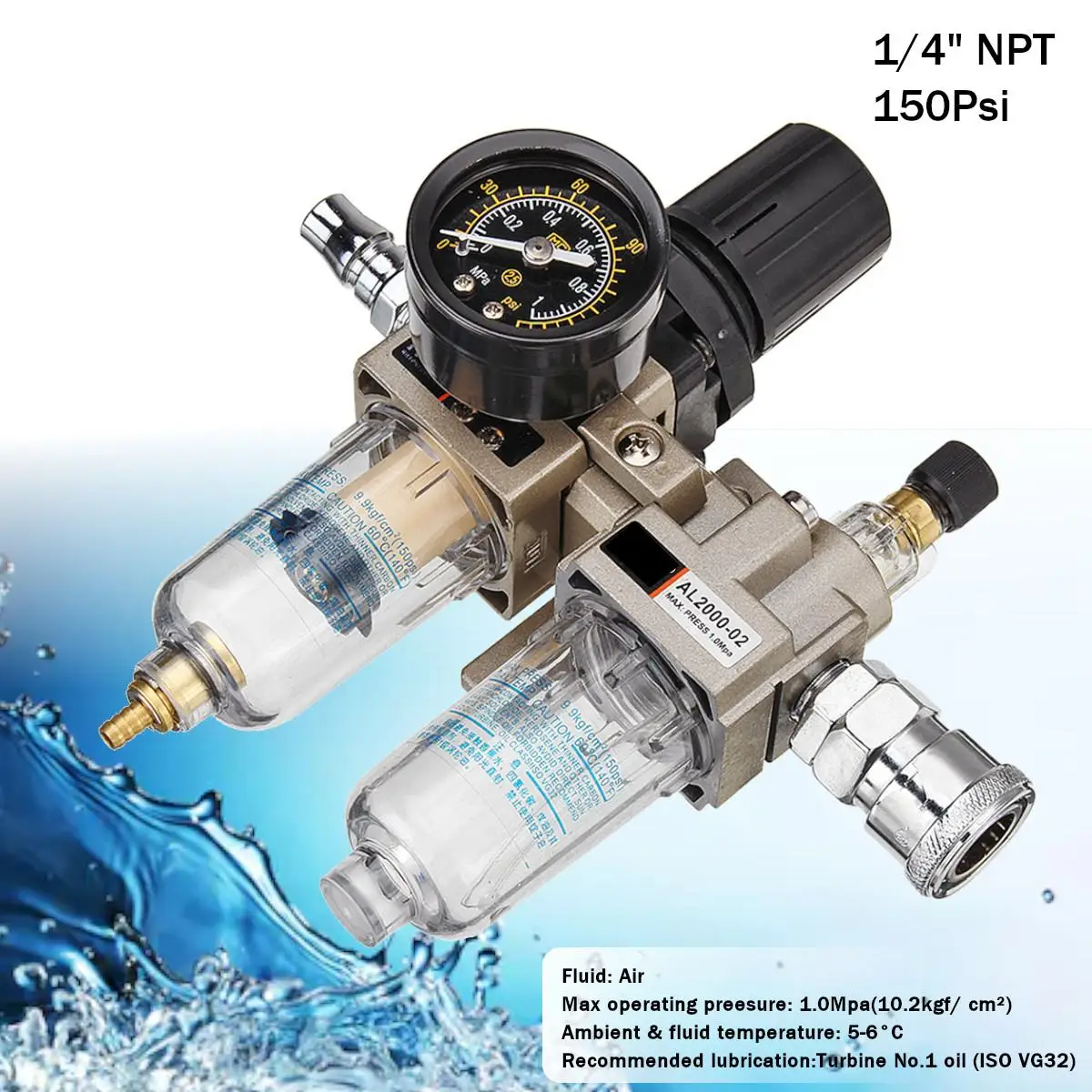

150Psi Manual Pneumatic Air Pressure Filter Regulator Compressor Oil Water Separator With Two Conector AL2000-02 AW2000-02