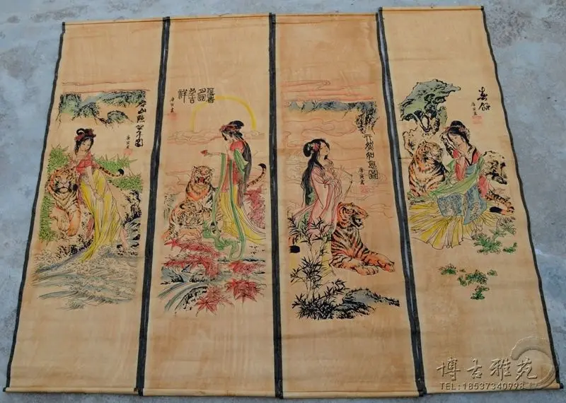 

China calligraphy Paintings Scrolls Chinese Painting VINTAGE TRADITIONAL CHINESE PAINTING LONG SCROLL FOUR SCREEN