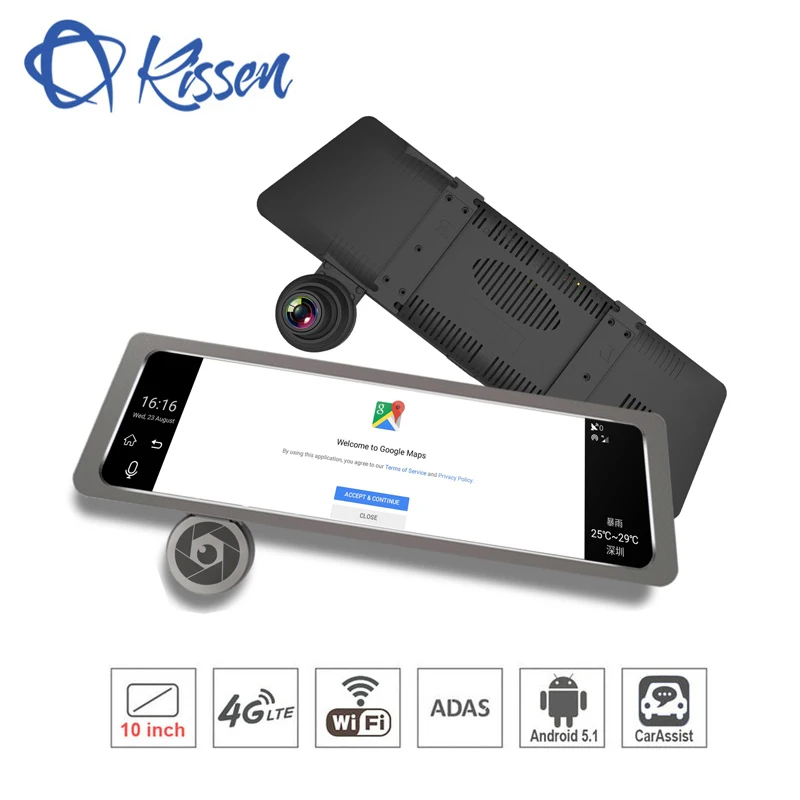 

Kissen Android 5.1 Car DVR 4G 10 Inch Touch Dash Cam Rearview Mirror Dash Camera Dual Lens ADAS GPS Navigation Wifi Recorder
