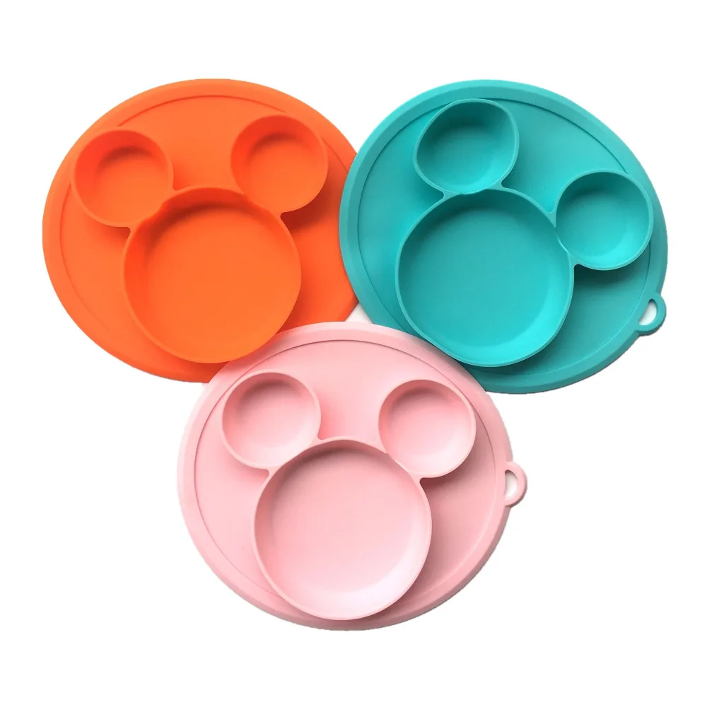 Mickey Plate for kids with Lid Silicone Baby Bowl Suction BPA Free Feeding Baby Tableware Children Dining Dishes