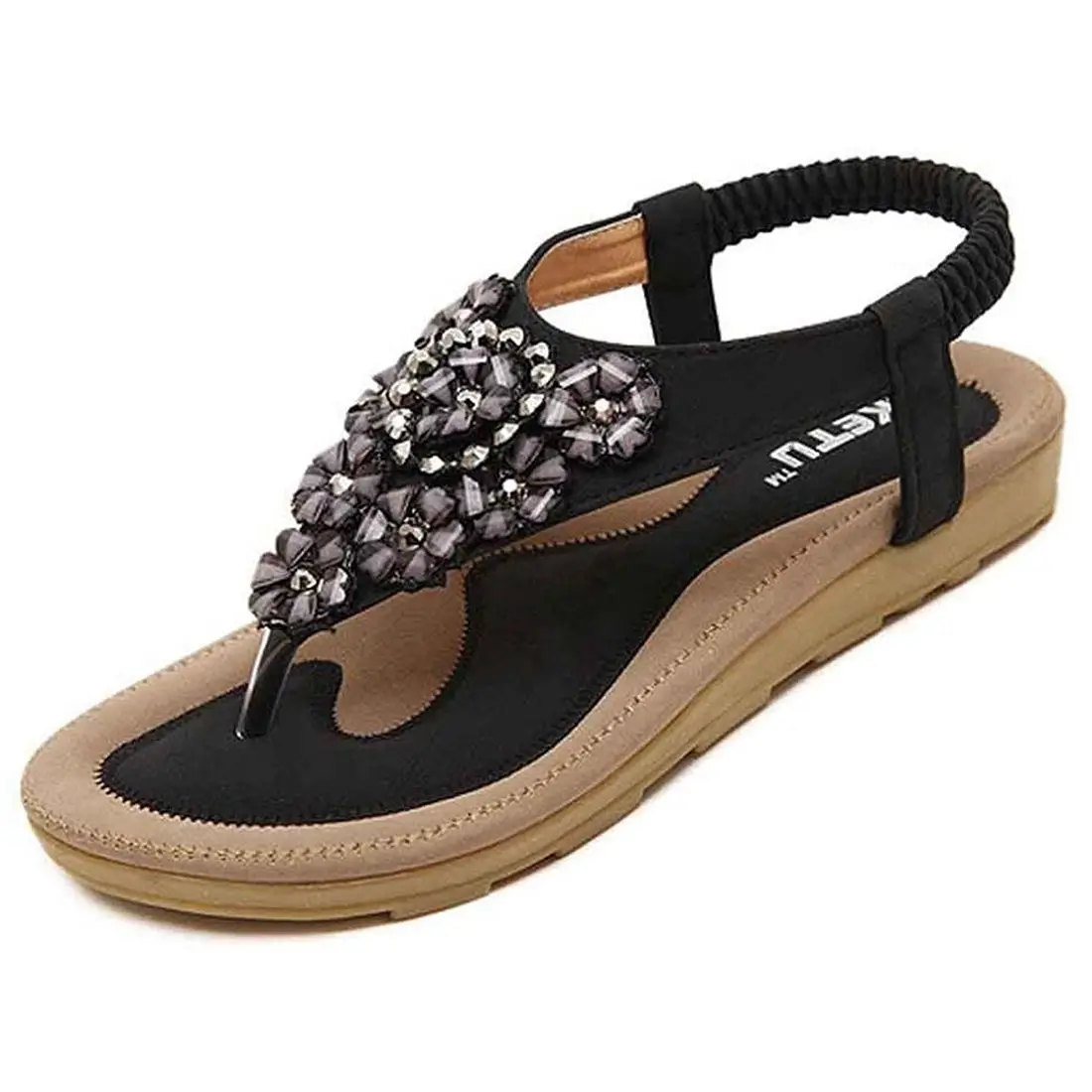

Sweet Fashion Woman Girl's Flora Beaded Flats Sandals PU Leather Black Summer Beach Shoes with Elastic Band