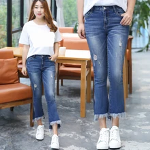 PL016 рваные джинсы с кисточками женские до щиколотки джинсовые расклешённые брюки женские тертые обтягивающие джинсы Femme Большие размеры джинсы