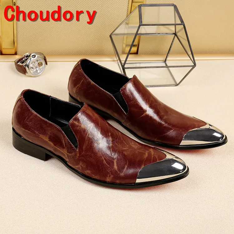 Choudory chaussure homme/летнее свадебное платье ручной работы; мужские итальянские кожаные туфли; Лоферы без застежки со стальным носком на среднем каблуке