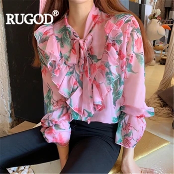 

RUGOD Women chiffon floral print blouse ruffles bow tie flare sleeve elegant shirt 2019 new arrival fashion female casual korean