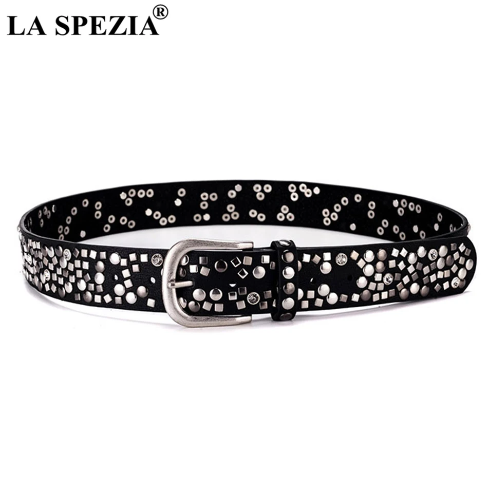 LA SPEZIA Women Belt Rivet Genuine Cow Leather Belt For Jeans Ladies Black Real Leather Brand Female Rock Pin Buckle Belts 110cm