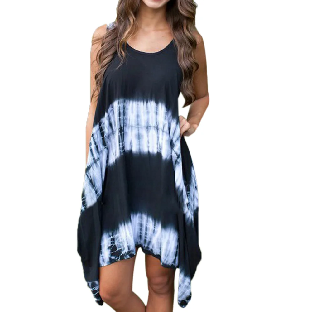 Neue frauen sommer print sexy ärmellose kleider gefärbt unregelmäßigen tails trägerkleid strand freizeitkleidungchina