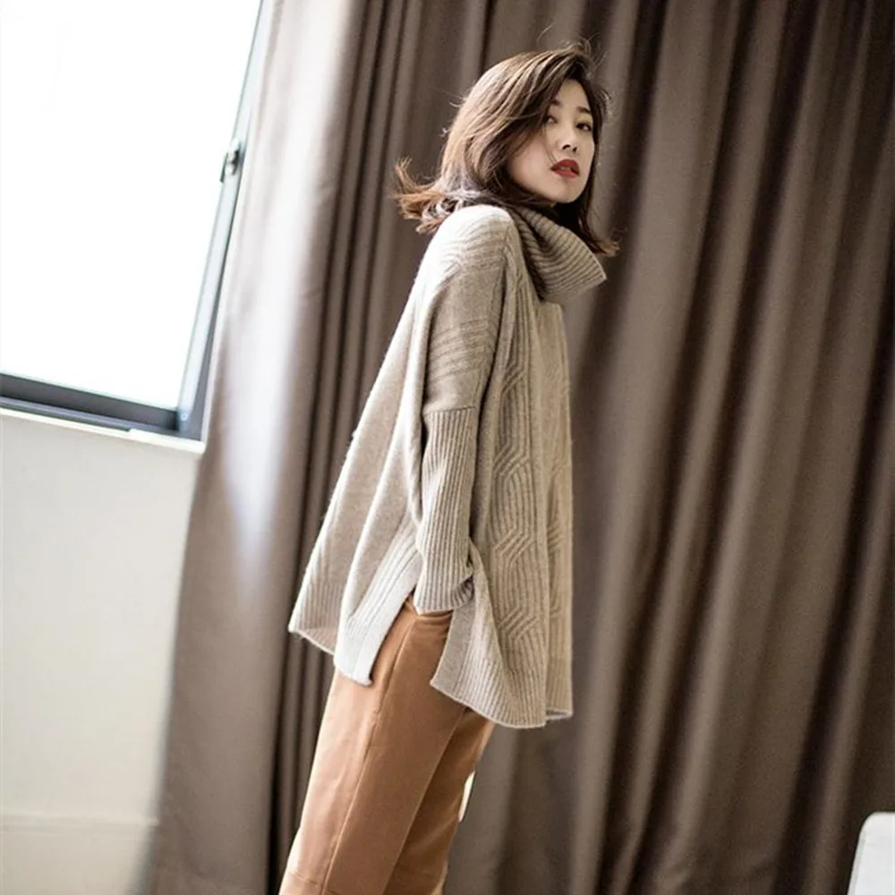 

BARESKIY new high collar cashmere sweater female solid color long loose jacket spring and autumn stretch knit sweater female