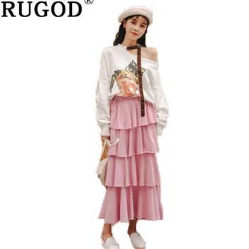 

RUGOD Vintage women Skirts Spring 2019 Solid beach party long skirt female Fashion ruffles Elastic waist Pleated cake skirt lady