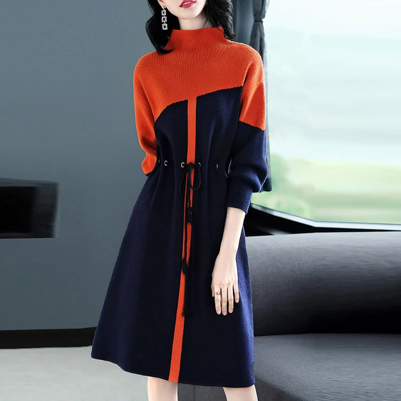 

Vintage Women's Dress 2018 Autumn Winter Europe Plus Size Knit Dress Casual Loose Turtleneck A-line Knitted Sweater Dresses