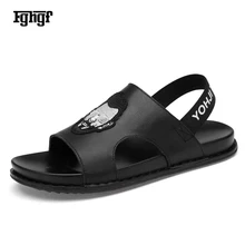 Новинка года, классические мужские шлепанцы из натуральной кожи с вышивкой, сандалии на резиновой подошве, прочная уличная одежда, Вьетнамки