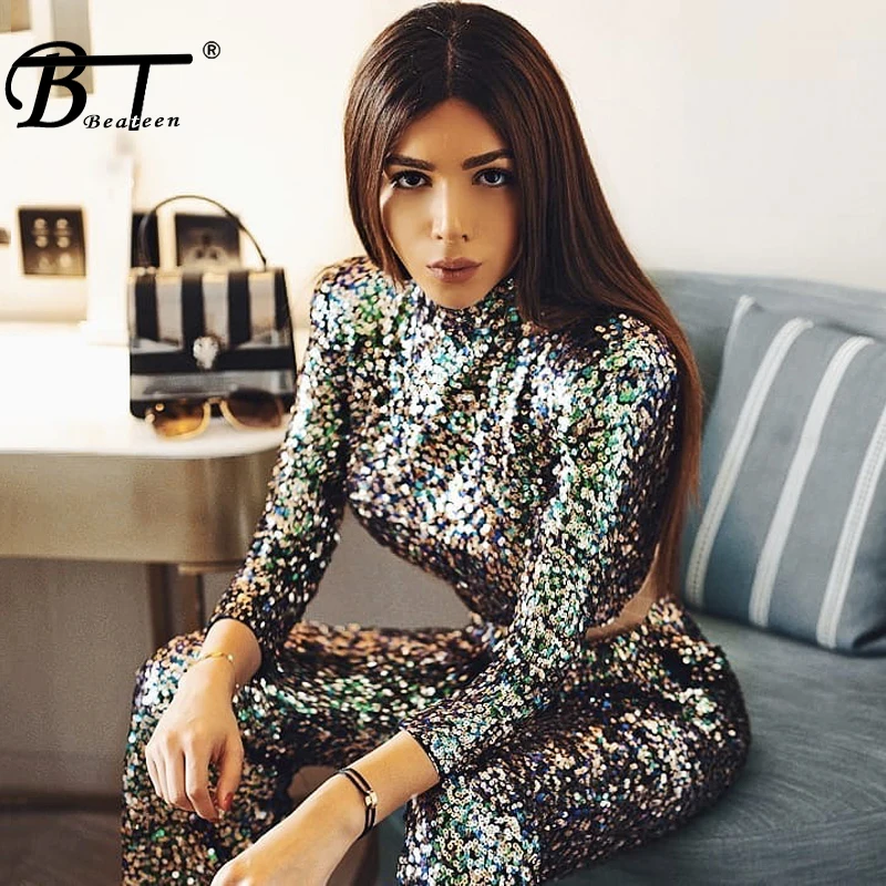 

Beateen Long Sleeve Crop Top Flare Leg Full Length Women's Set 2018 Fashion Sexy Club Sequin Pant Suits 2 Piece Christmas Style