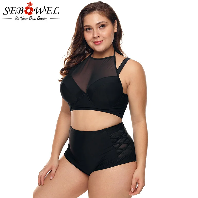 Black-Plus-Size-Halter-Push-up-Lattice-Mesh-Swim-Bikini-LC410746-2-3 