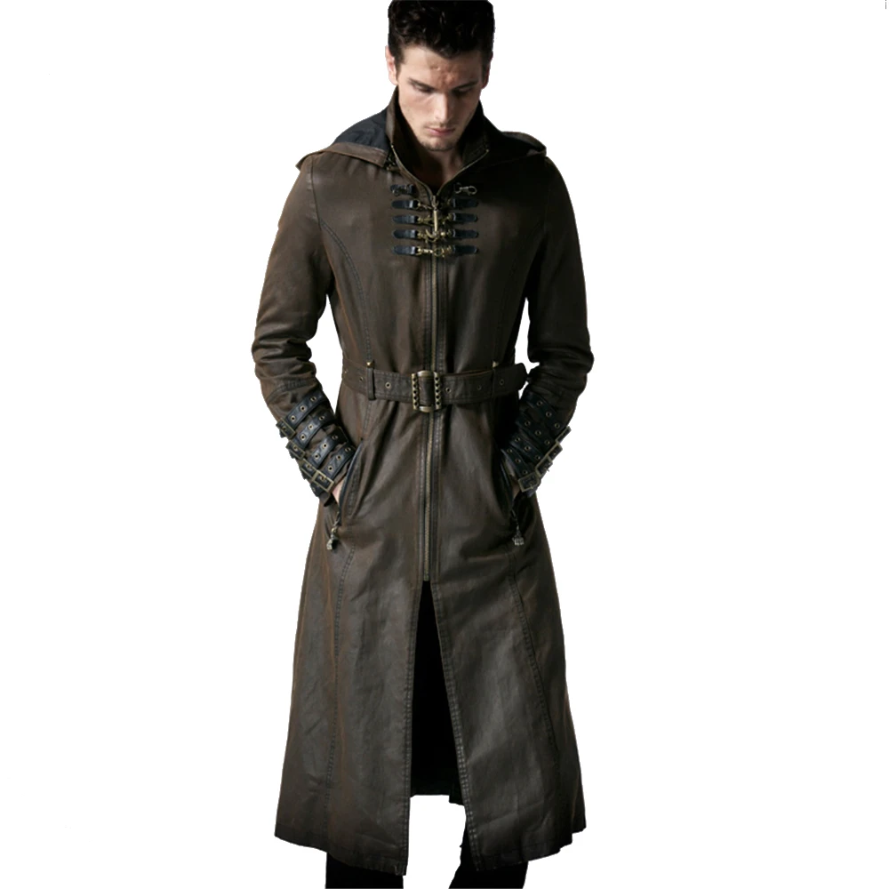 Steampunk Men Coffee Color Twill Long Coat Leather Loops Hooded Trench ...