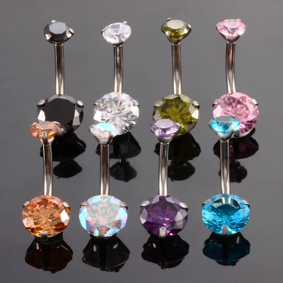 

14G Surgical Steel Belly Button Navel Rings Round Cubic Zirconia Barbell Stud Piercing