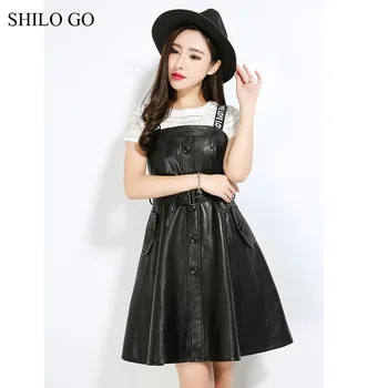 

SHILO GO Leather Dress Womens Autumn Fashion sheepskin genuine Leather dress pocket single breasted A Line letter Straps dress
