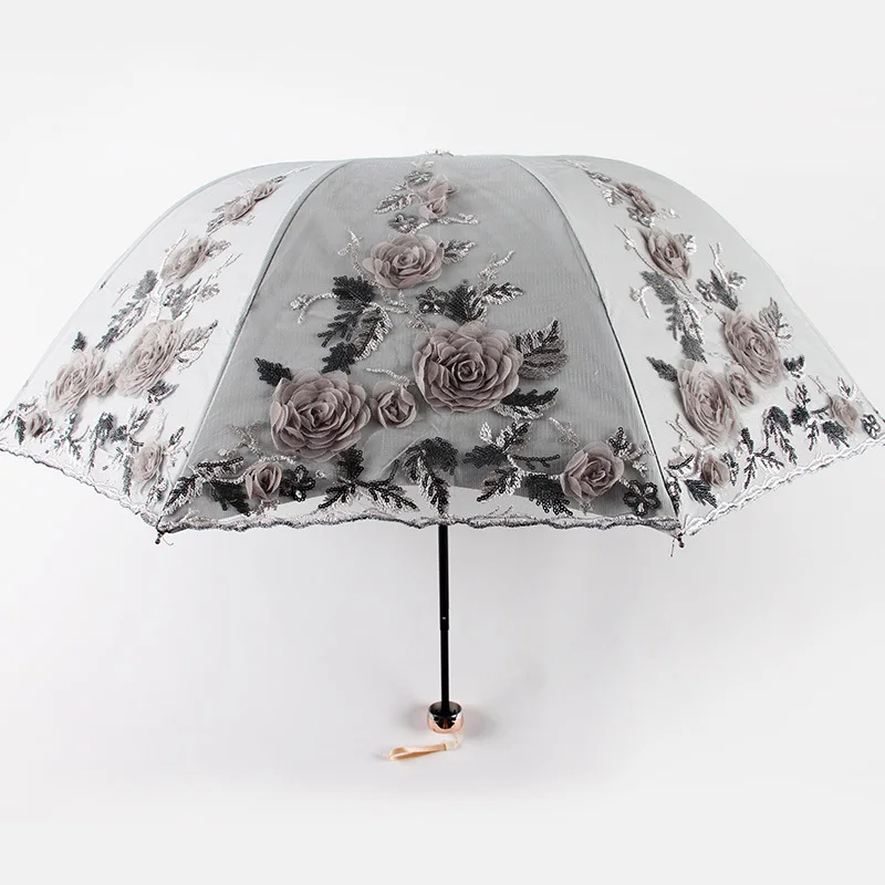 

Lace Embroidered Three Folding Umbrella For Double-layer Embroidered Anti-UV Sunscreen Parasol Women Windproof Rain Umbrellas