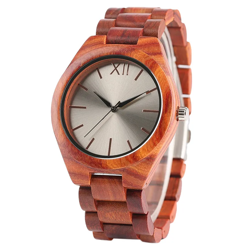 

Fashion Red Wood Watches For Men Quartz Full Wooden Bracelet Watch Luxury Silver Dial Wristwatches With Gift Male