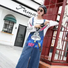 Европейская станция вышитый бисером мультфильм отверстие джинсовый нагрудник женский студенческий свободный луч ноги Harlan комбинезон