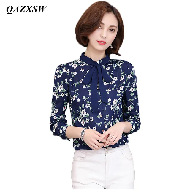 QAZXSW New Work Wear Office 2017 Shirt Women Tops Floral Bow Tie ...