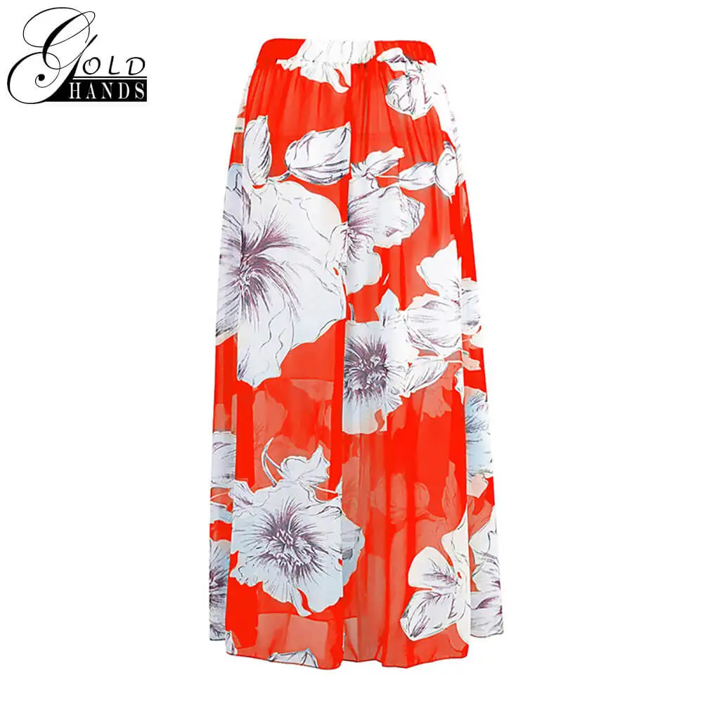 Gold Hands Chiffon High Waist Long A-Line Skirt European and American New Printed Sweet Skirts Summer 2019 Plus Size Women | Женская