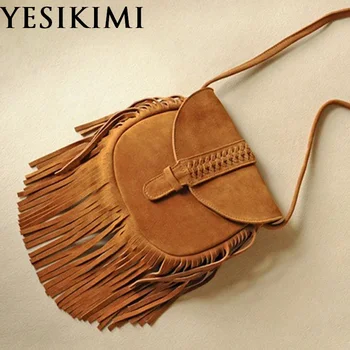 

2017 New Genuine Leather Bags For Women Vintage Suede Tassel Small Messenger Bag Hippie Feminine Saddle Bolsos Nubuck leather