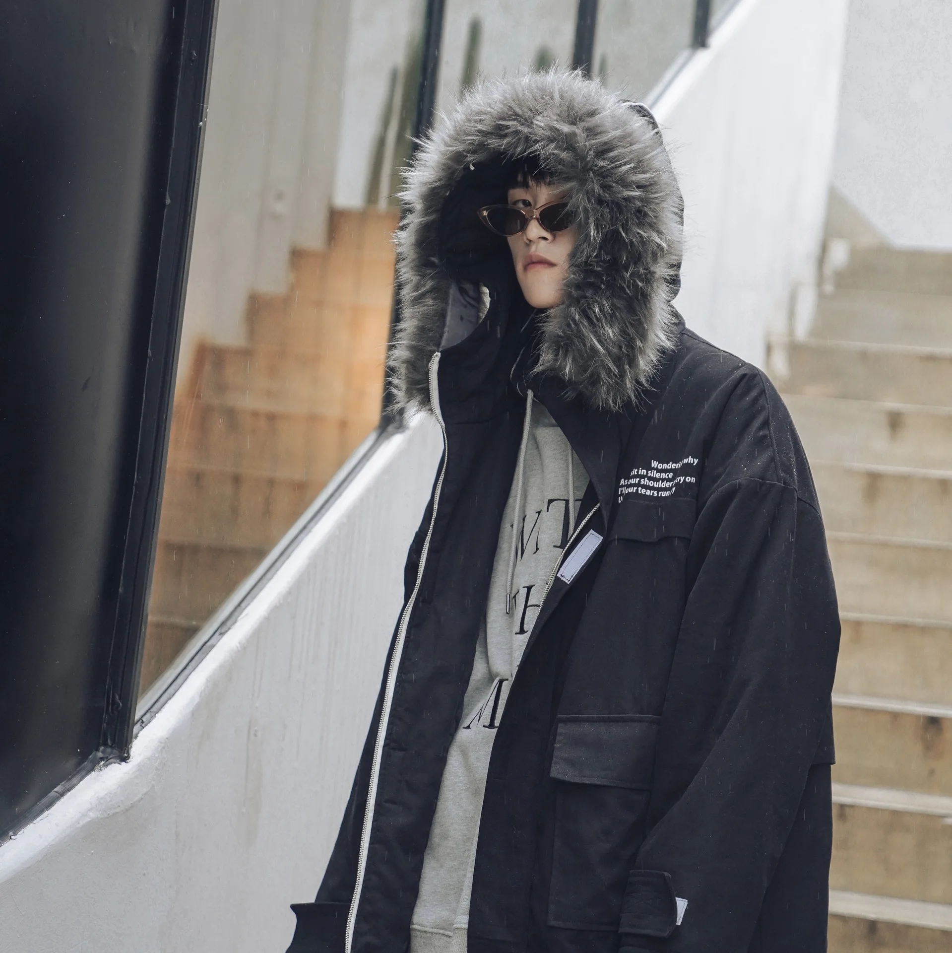 Fashion Youth Mens Winter Fur Collar Hooded Cotton Padded Coat Students Outwear