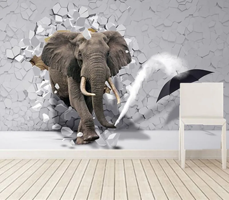 Custom 3D murals burst through the walls of the elephant papel de