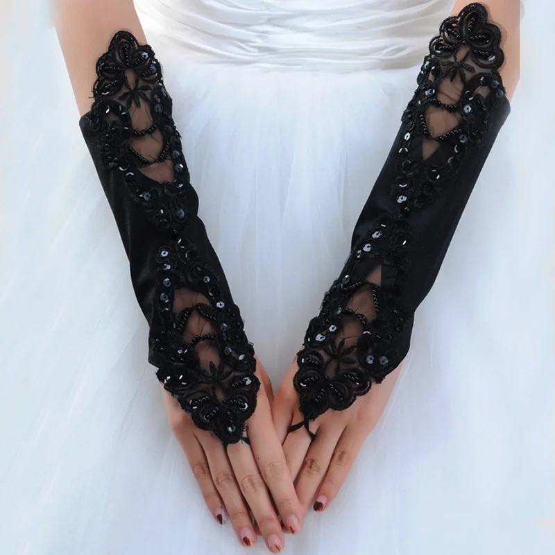 Black Sexy Disco dance costume party performance lace fingerless long wedding gloves free