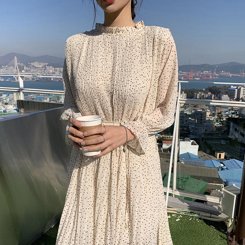 

Ruched Hem Little Dots Print Pleated Dress Ruffles Chiffon Dress Spring Summer Robe Femme Vestido Mujer Vestiti Donna