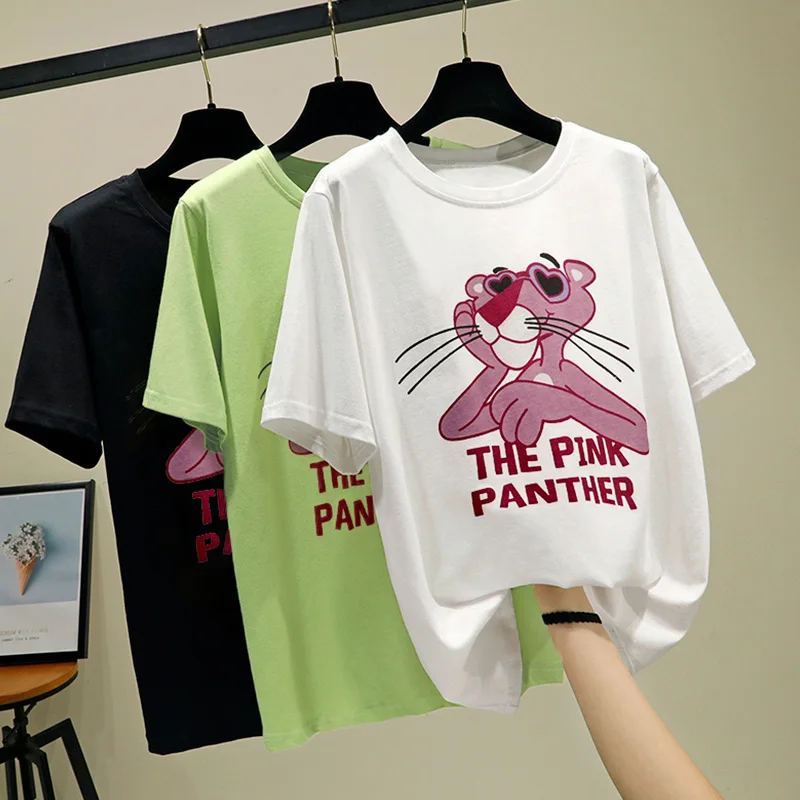 Розовая пантера короткий рукав Футболка Женская Корейская мультяшная футболка Топы Повседневная модная женская футболка Femme размера плюс летняя Новинка