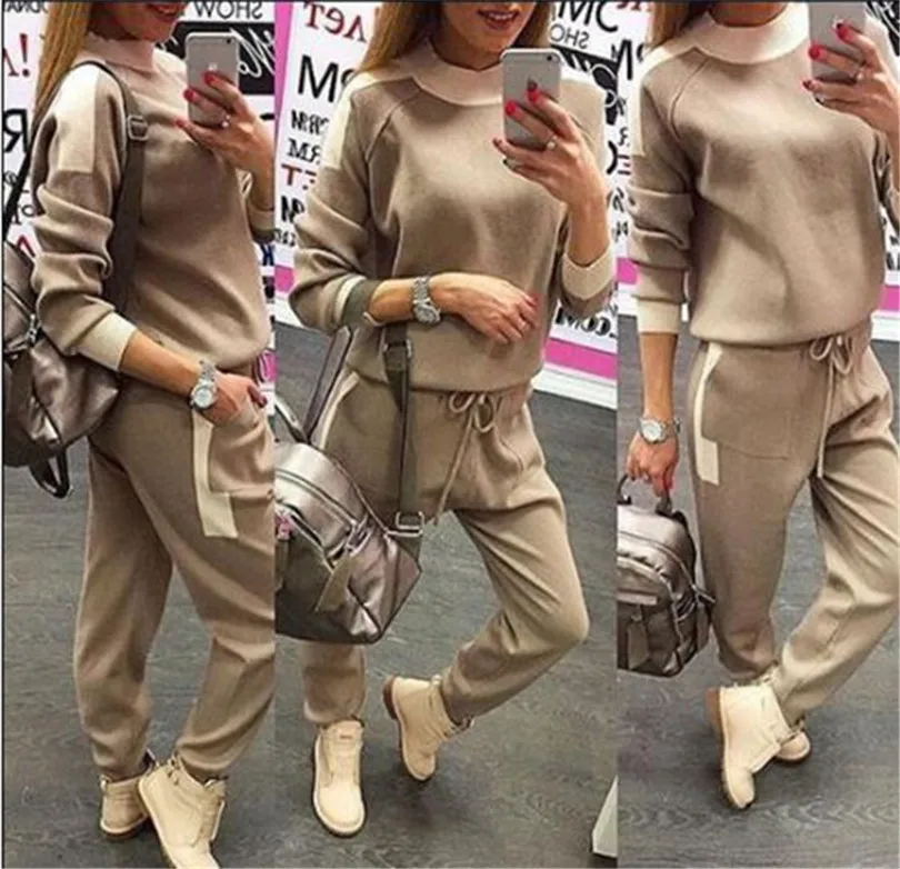 

2017 Autumn/Winter Colorblock O Neck Sweater trouser knitted tracksuit two piece set women Harem Pants suits