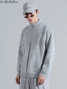 

AreMoMuWha 2019 Spring Japanese Simple Retro Half-neck Sweater Men and Women Round Neck Pullover Bottom Knit Men Sweater QX218