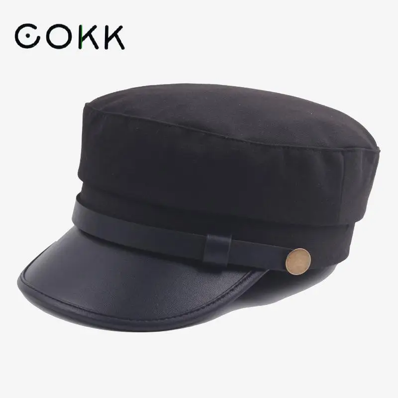 

COKK Military Cap Hat Female Winter Hats For Women Men Ladies Army Militar Hat Pu Leather Visor Black Cap Sailor Hat Bone Male