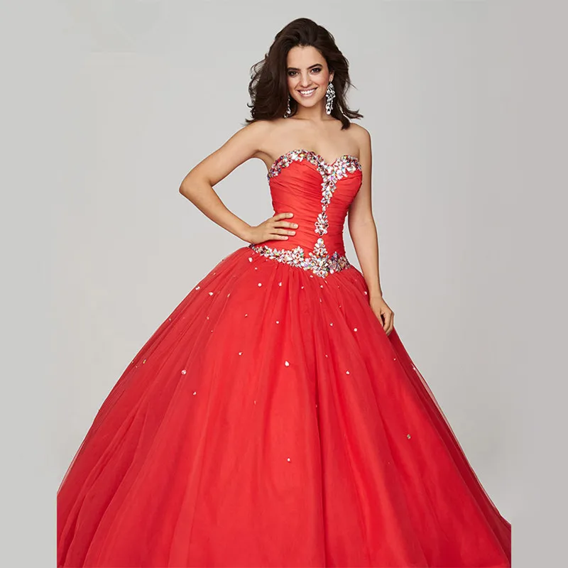 

Sweetheart crystal beaded ball gown prom dresses 2015 champagne red 8th grade prom dresses long quincenera dresses lace up