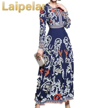 

Laipelar Fashion Designer Maxi Dress Party Wear Women's Long Sleeve Vintage Pattern Printed Bohemian Long Dresses Bodycon Dress